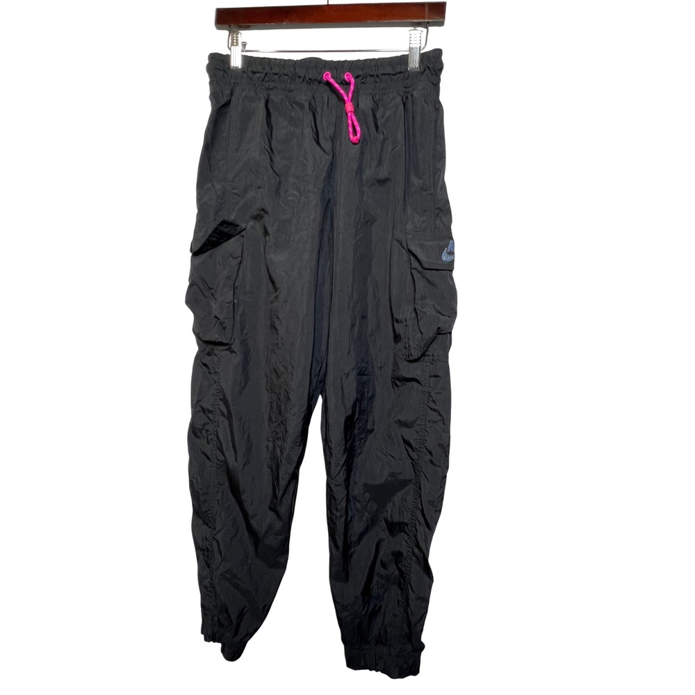 Nike Womens Cargo Pants Joggers Small Black Pink Drawstring Speckled Logo Nylon